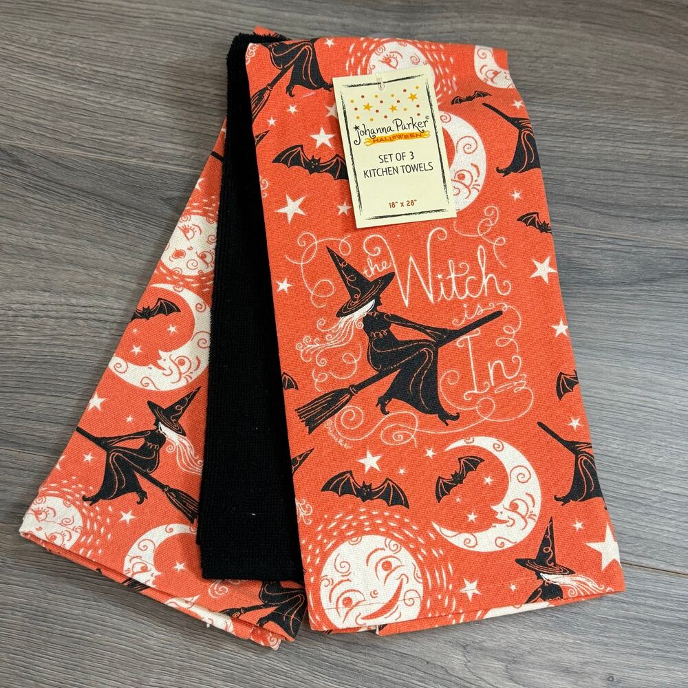 Johanna Parker Halloween Kitchen Towel 18x28 Set of 3 Witch Moon Bats NEW